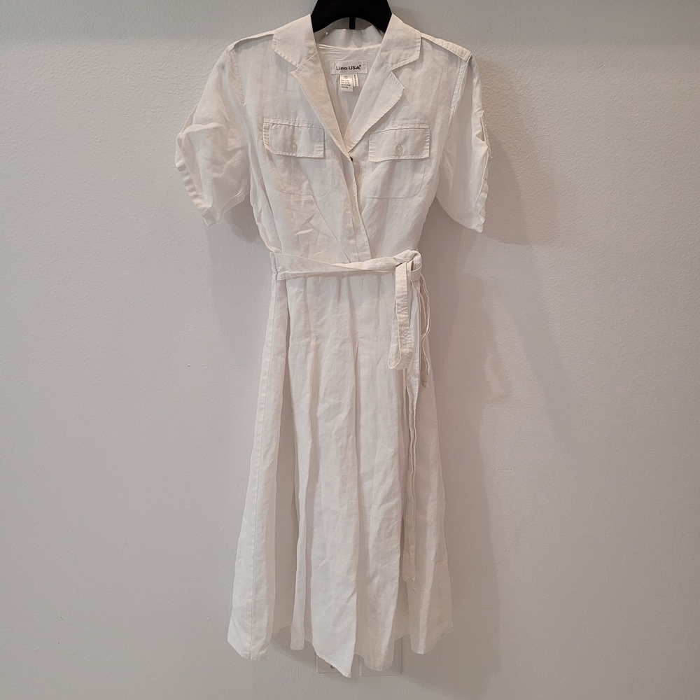 Lino Usa Chic White Midi Shirt Dress 100% Lino Size S - Picture 3 of 12